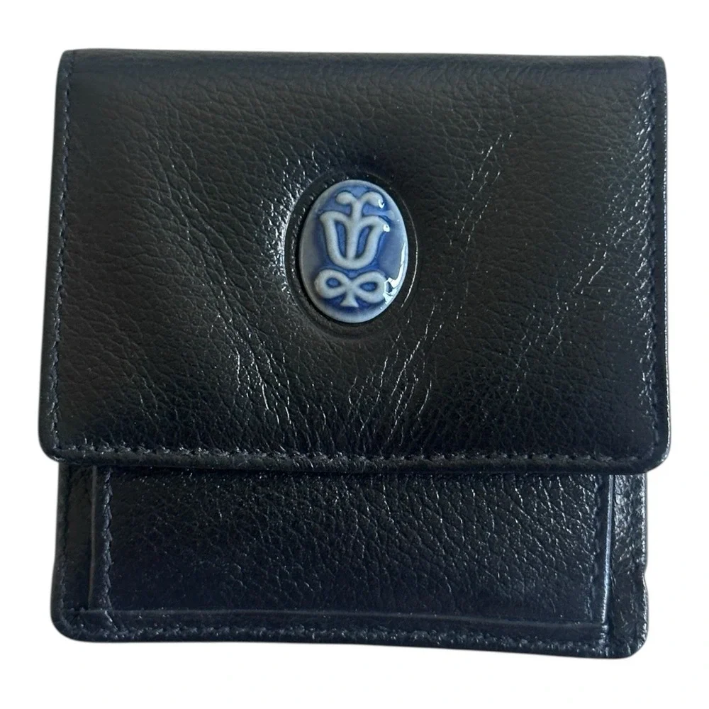 Vintage Lladro Society Black‎ Leather Coin Purse with Porcelain Logo & Pouch